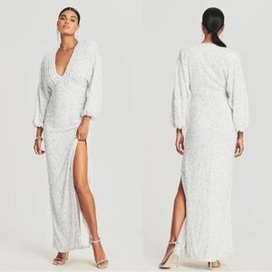 Retrofete Camille Sequin V-Neck Maxi Dress Long Sleeve White Medium